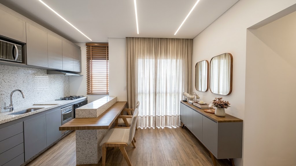 Cozinha linear com bancada de refeições — decorado do Residencial Yosemite