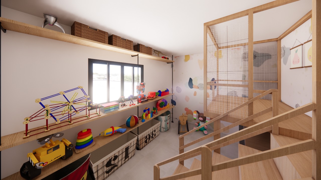 Brinquedoteca com prateleiras de brinquedos