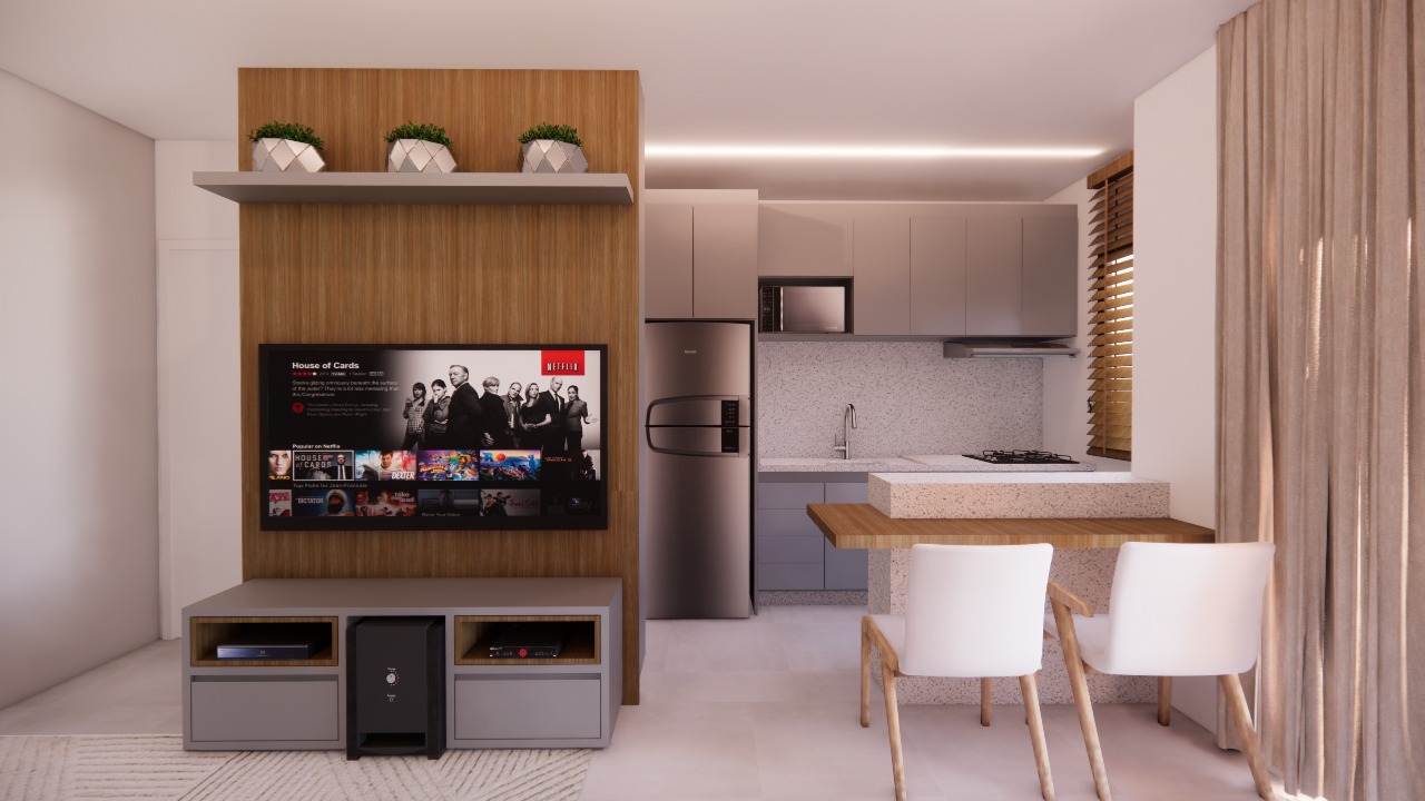 Painel de TV, cozinha e mesa de jantar — decorado do Residencial Yosemite