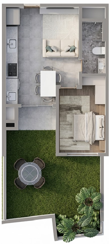 Planta ilustrativa — Planta 102 — 1 dormitório com garden