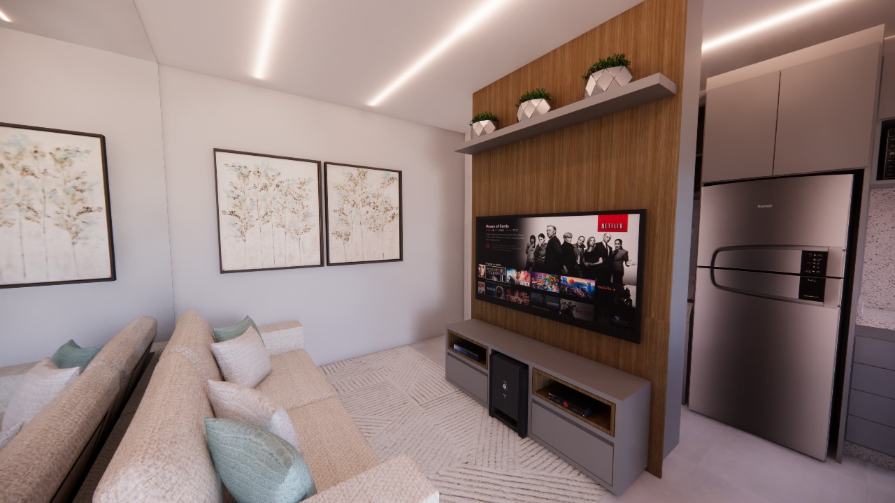 Sala de estar com sofá e painel de TV — decorado do Residencial Yosemite