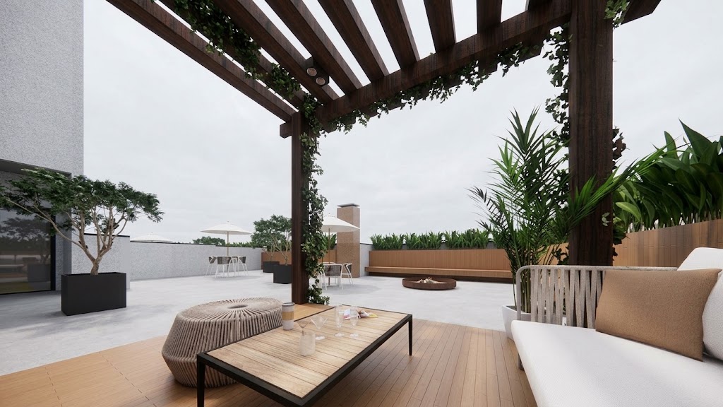 Lounge do rooftop com pergolado