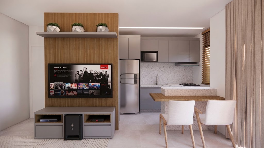 Estar com TV e copa — decorado do Residencial Yosemite