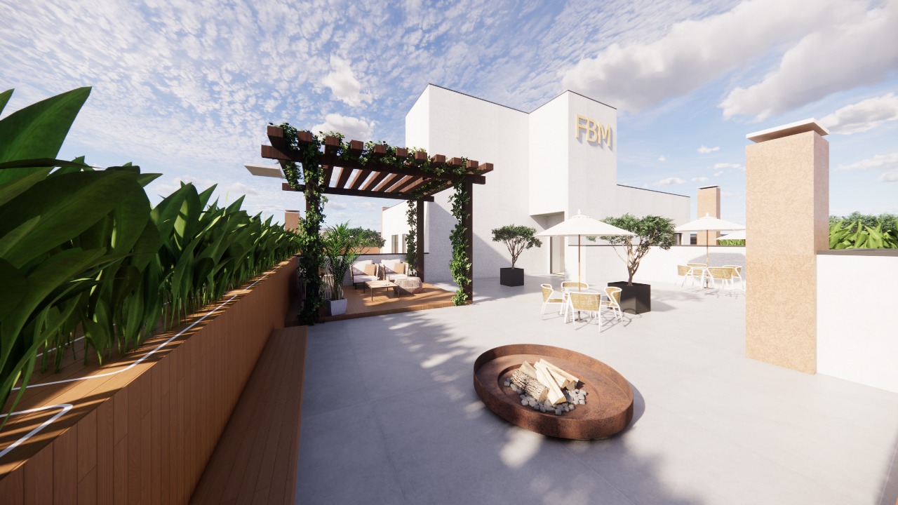 Rooftop do Residencial Yosemite com pergolado e lareira