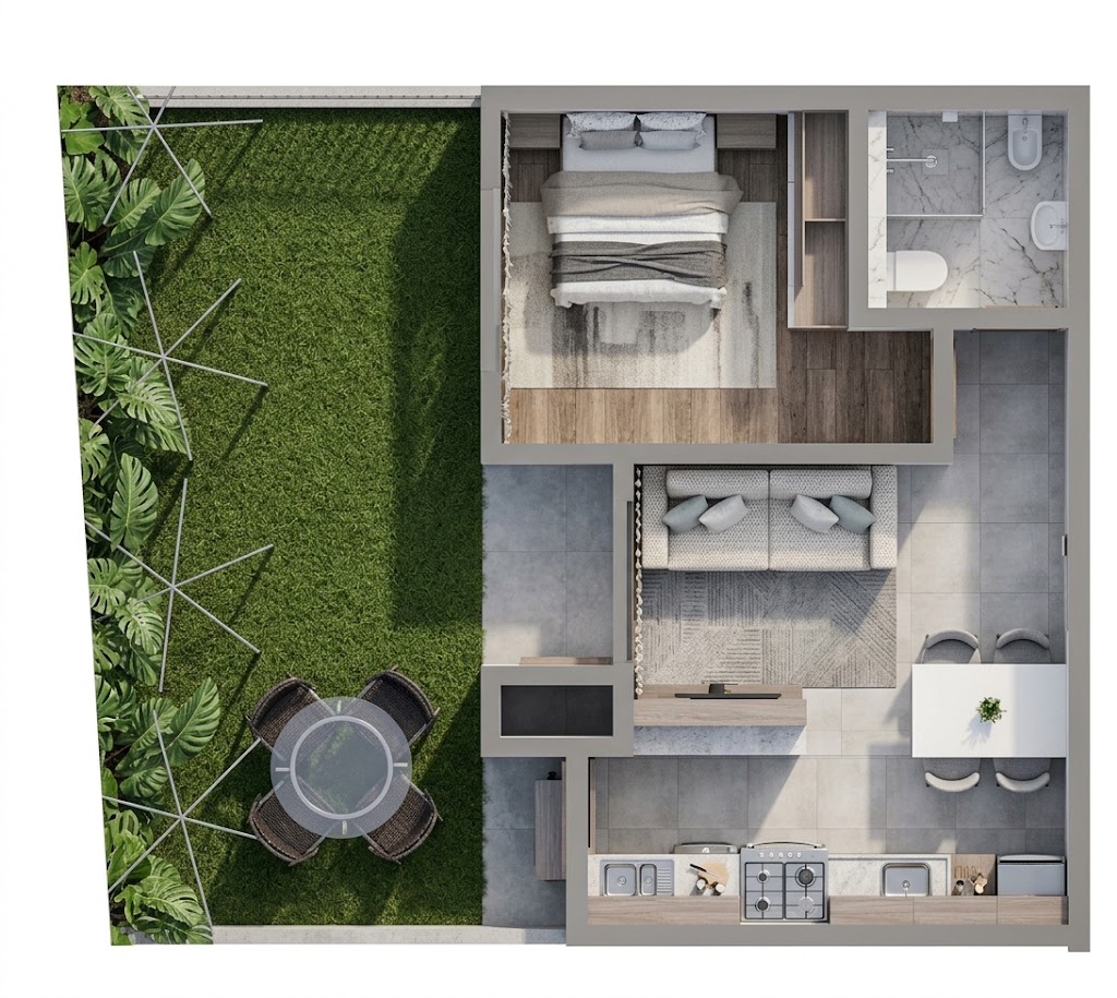 Planta ilustrativa — 1 dormitório — Com garden amplo