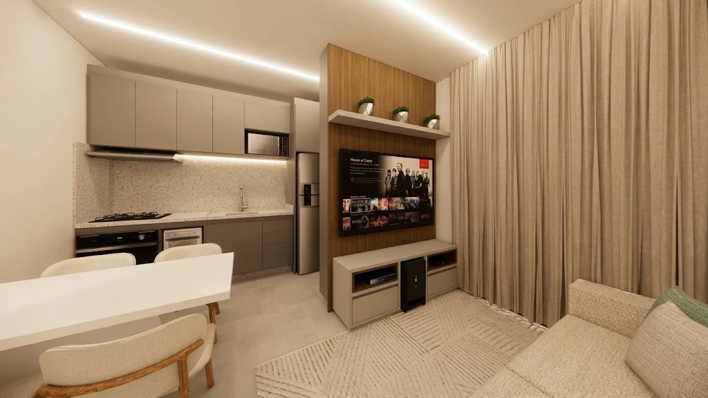 Estar, jantar e cozinha integrados — decorado do Residencial Yosemite